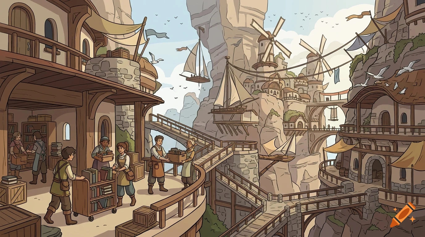 An illustrated fantasy mountain town with buildings connected by bridges, where people are carrying boxes and working.