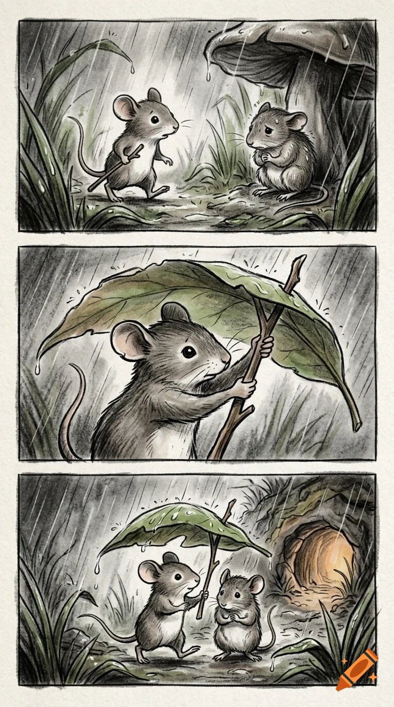 A three-panel comic illustration shows two mice in the rain, with one mouse holding a large leaf as an umbrella to help the other near a mushroom and a burrow.