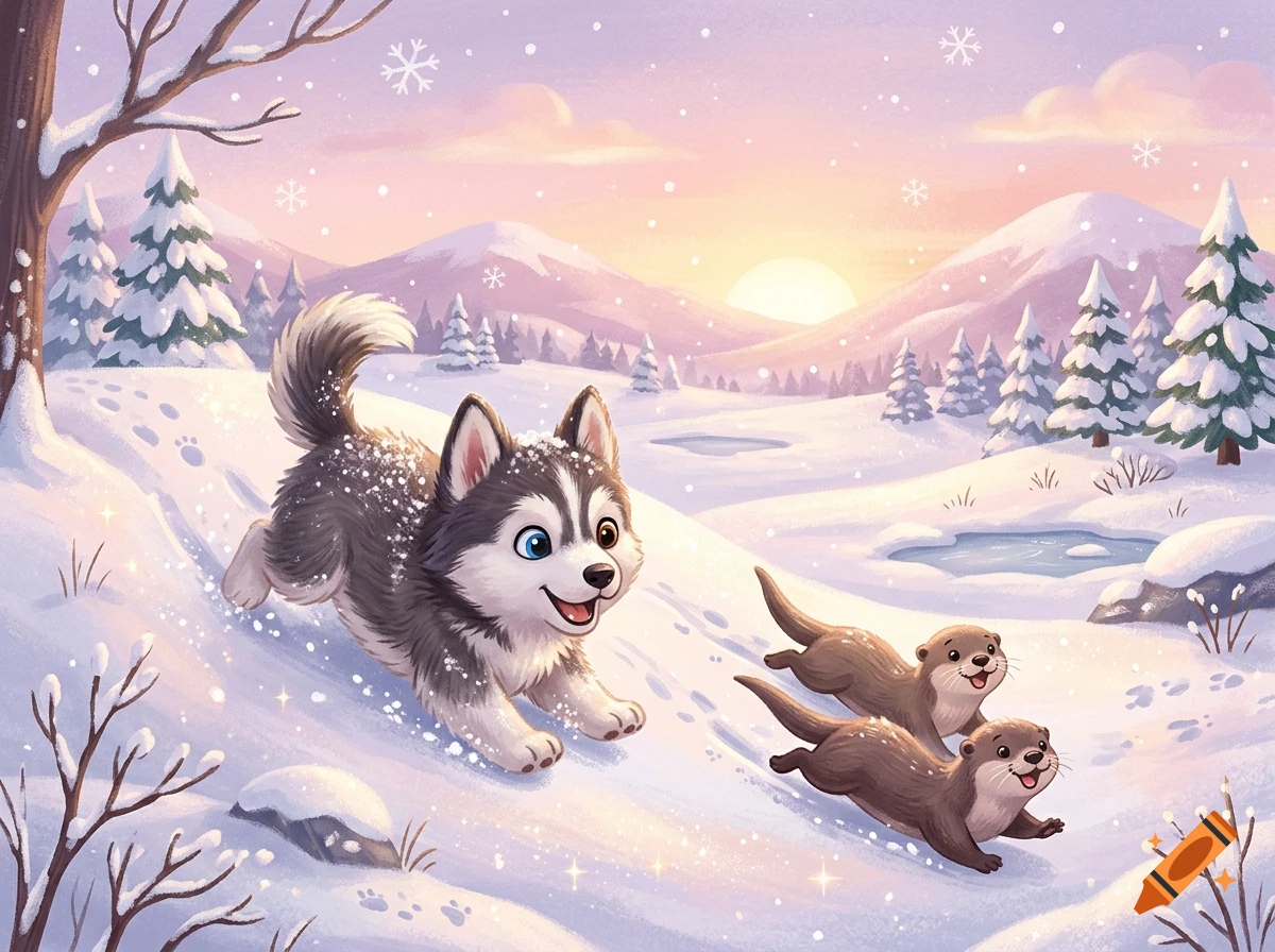 Children's book illustration of a husky puppy and two river otters sliding down a snowy hill during sunset.