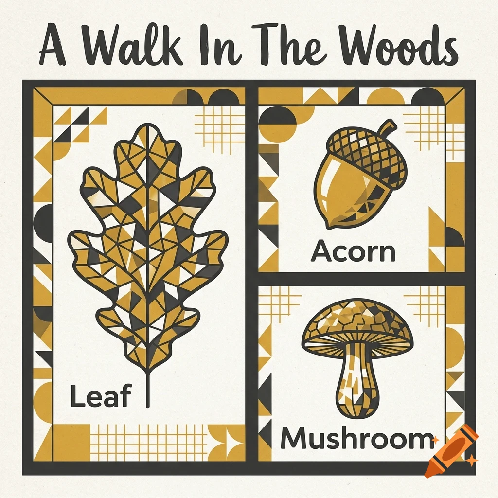An educational poster titled 'A Walk In The Woods' featuring geometric illustrations of a leaf, an acorn, and a mushroom in yellow, black, and white.
