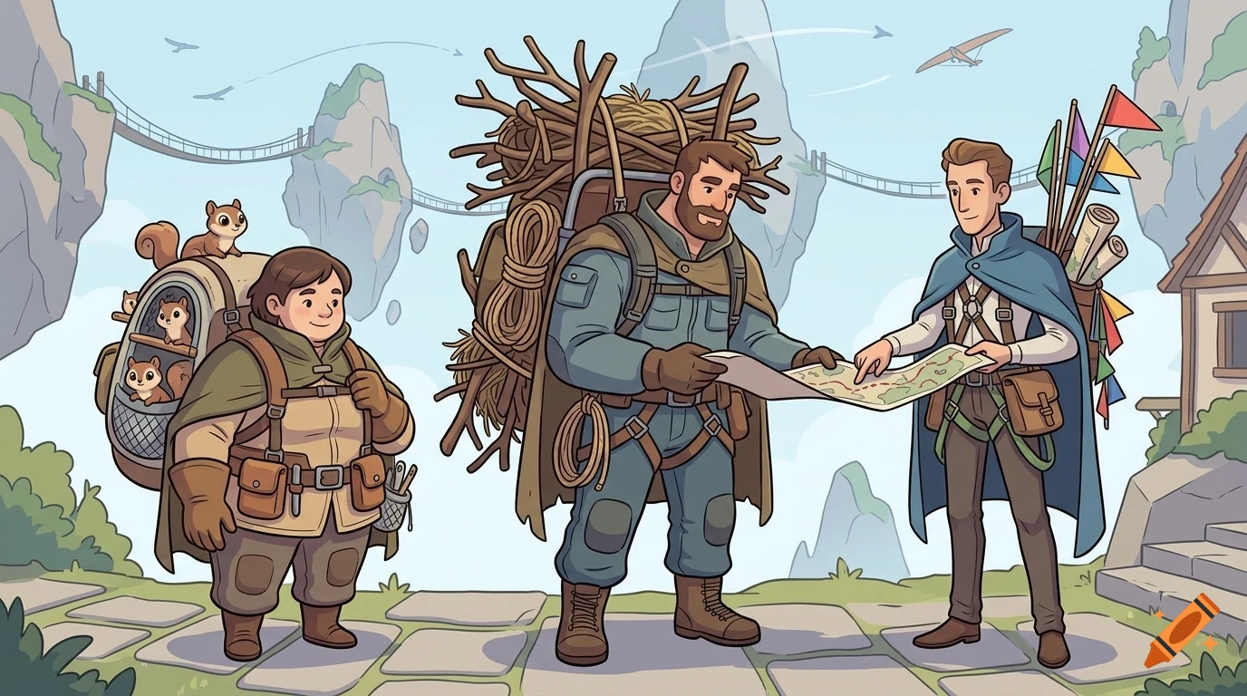 An illustrated fantasy scene showing three travelers examining a map in a mountainous landscape with floating islands.