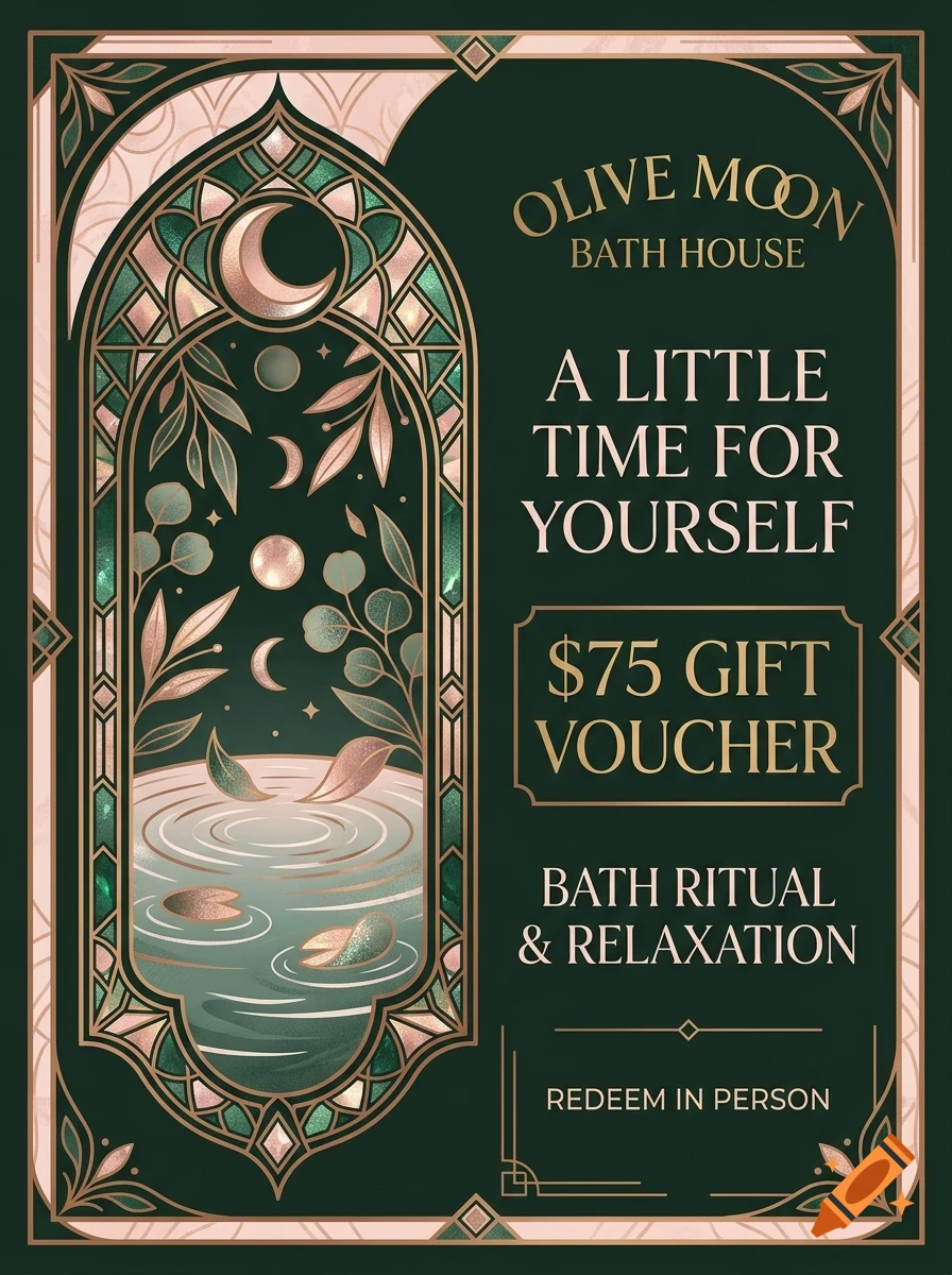 An Art Deco style gift voucher for Olive Moon Bath House featuring a serene botanical and moon illustration with dark green and gold tones.