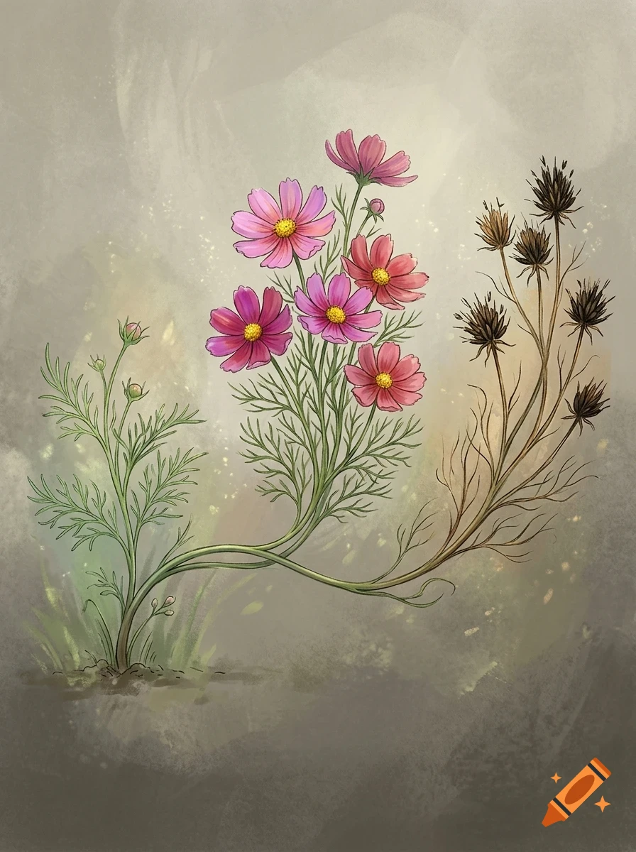 An illustration showing the life cycle of a cosmos plant, progressing from sprouts to blooming pink flowers and finally to dry, withered seed pods.