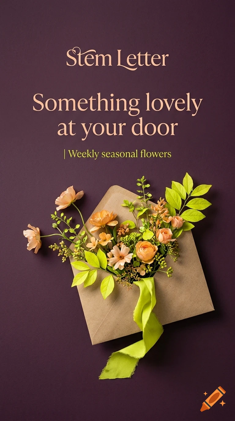 An envelope holding fresh flowers with green leaves and a yellow ribbon on a dark purple background, accompanied by text.