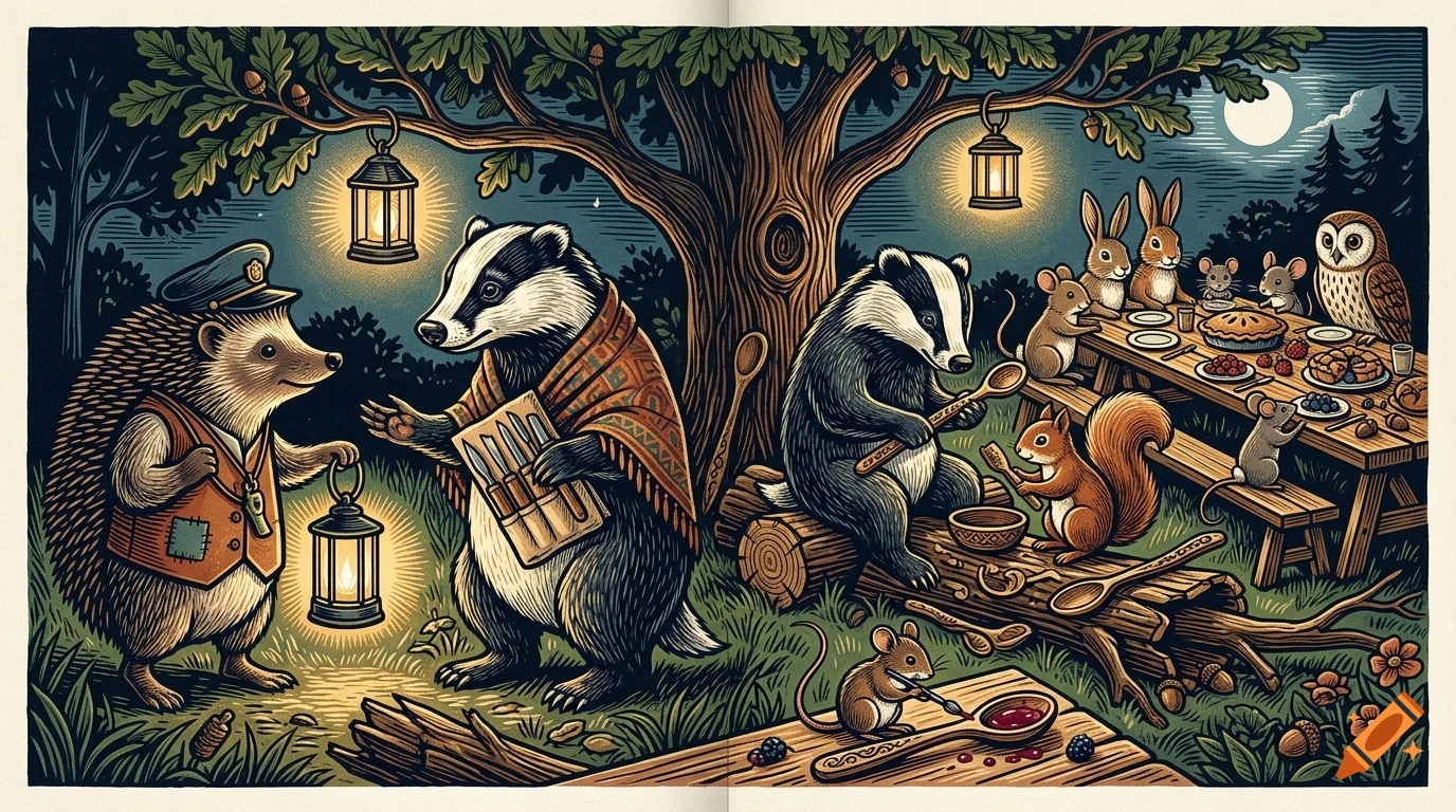 An illustrated woodland scene at night with anthropomorphic animals, including a hedgehog holding a lantern, badgers, a squirrel, mice, and an owl gathered near a picnic table under a large tree.