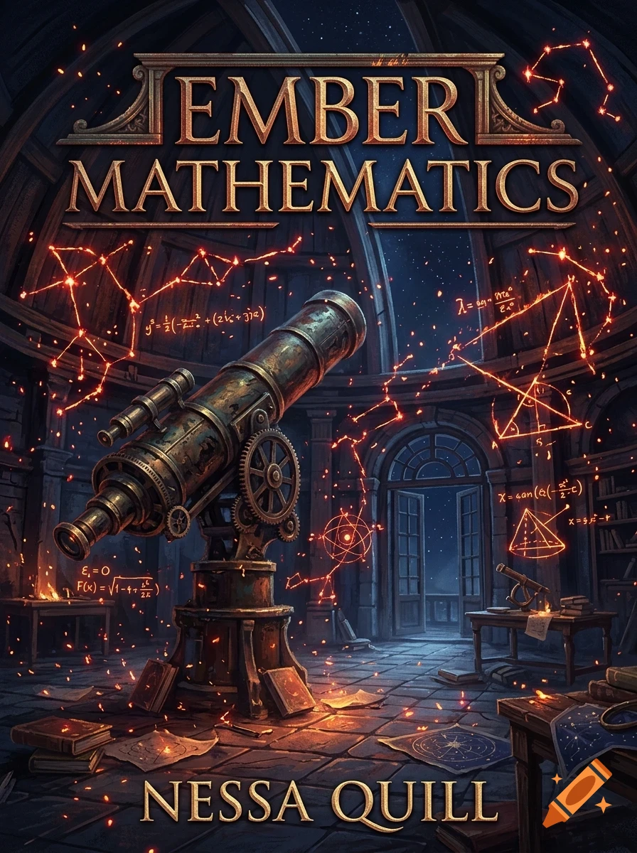 An observatory interior with a large vintage telescope, glowing mathematical equations and constellations, and the text "EMBER MATHEMATICS" and "NESSA QUILL".