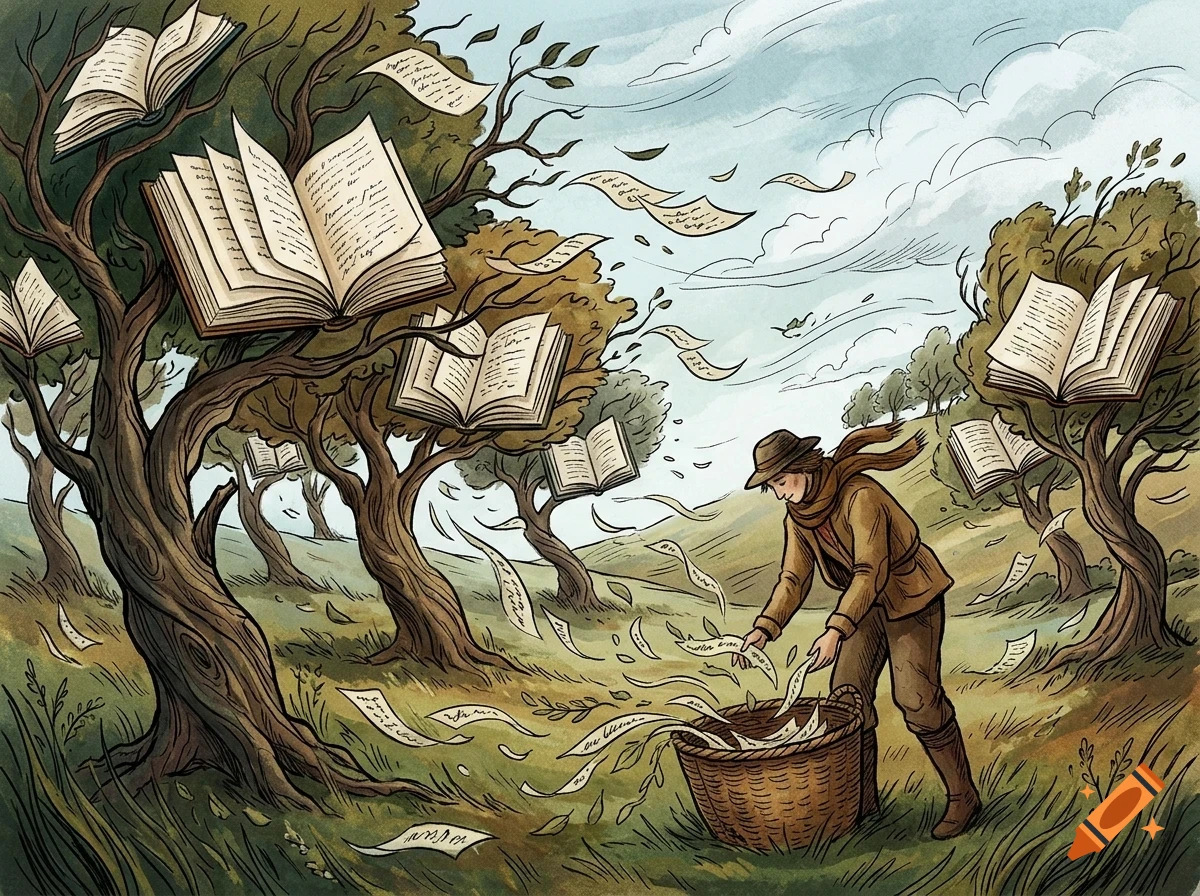 An illustration of a person in a field collecting blowing pages into a basket, with books growing on trees in place of leaves.