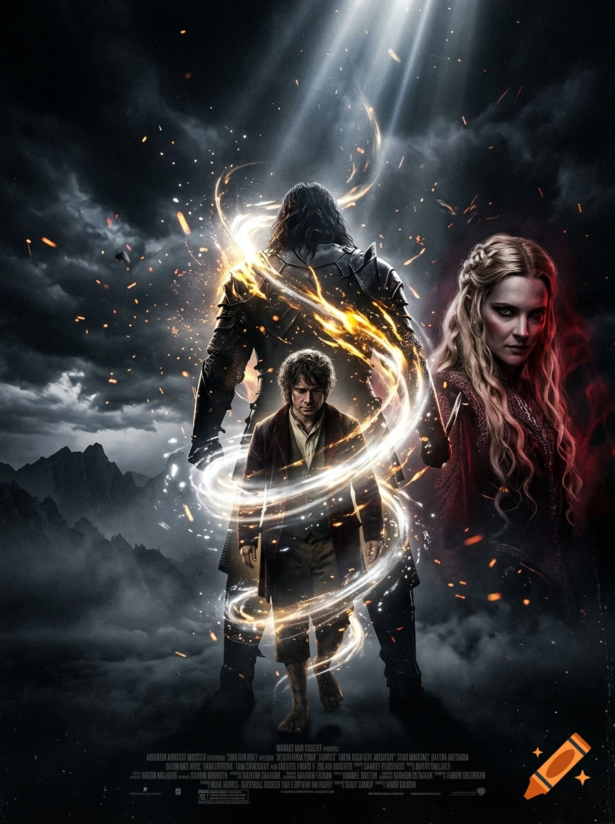 Lord of the Rings style fantasy movie poster with a hobbit, warrior, and blonde woman in a dark, dramatic setting.