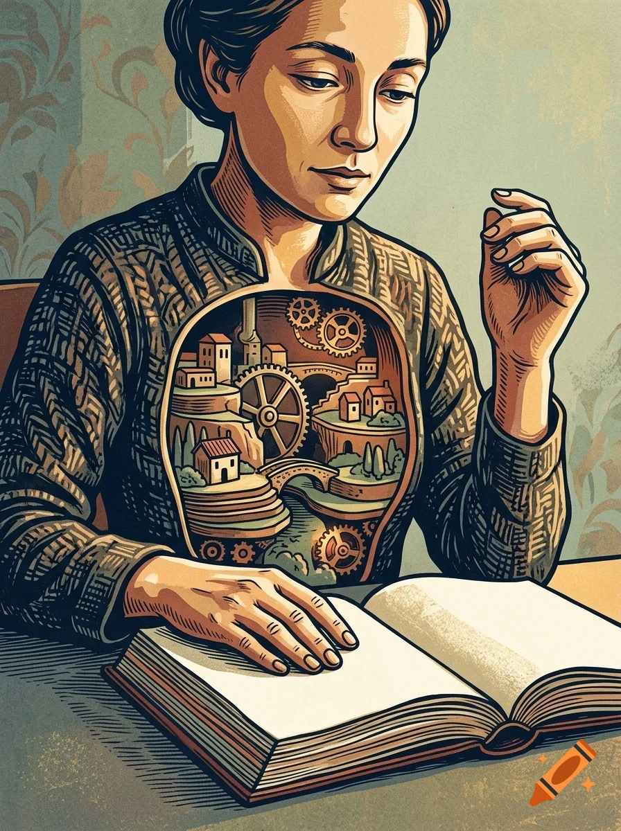 An illustration of a woman sitting at a table reading an open book, with a mechanical village and gears visible inside her chest cavity.