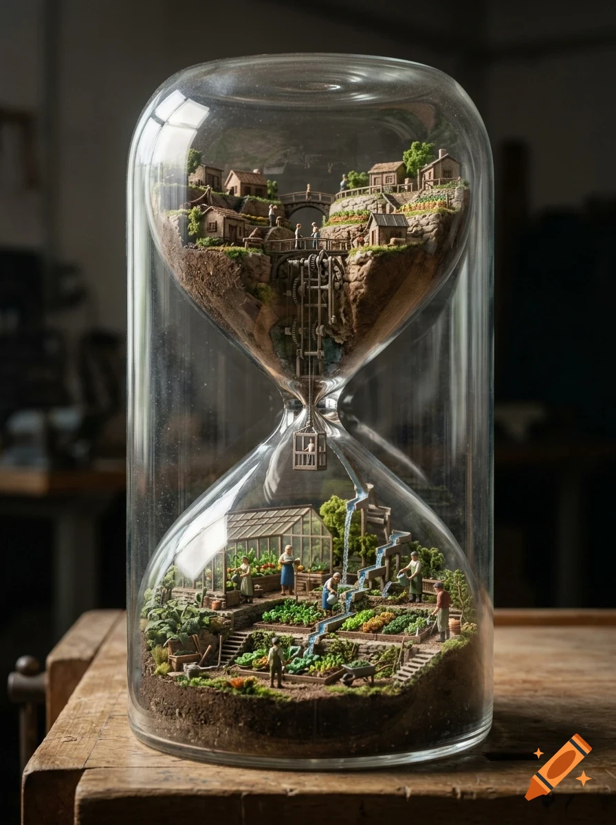 A miniature diorama inside a glass hourglass, featuring a small village on the top half and a garden with tiny people working on the bottom half.