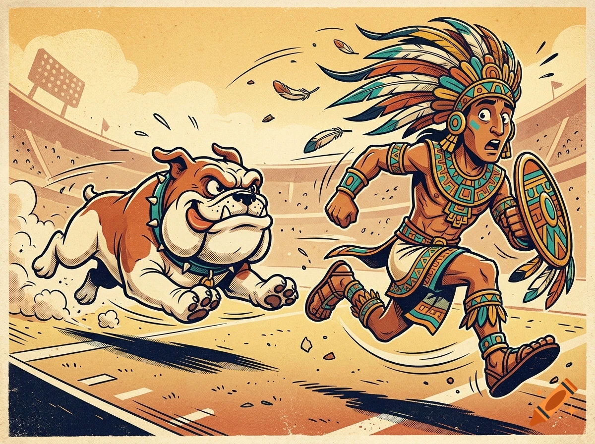 Vintage sports cartoon illustration of an Aztec warrior running away from a chasing bulldog in a stadium.