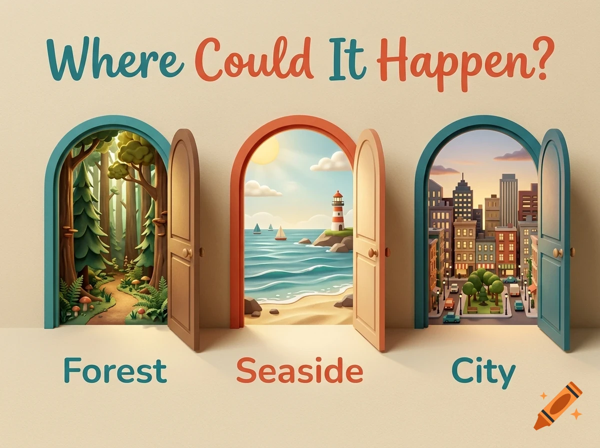 An illustration showing three open arched doors revealing different landscapes: a forest, a seaside, and a city.