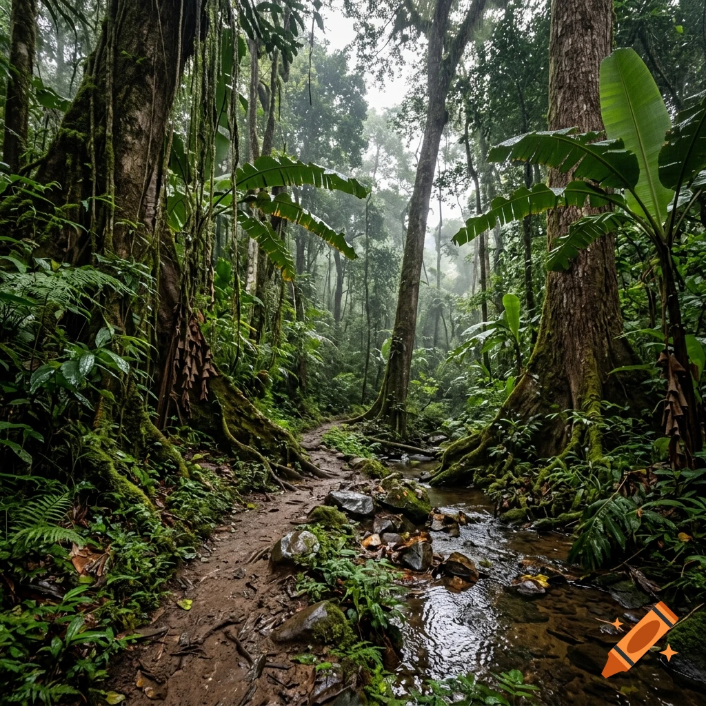 Photorealistic lush rainforest with a muddy path winding through large mossy trees and a small stream.