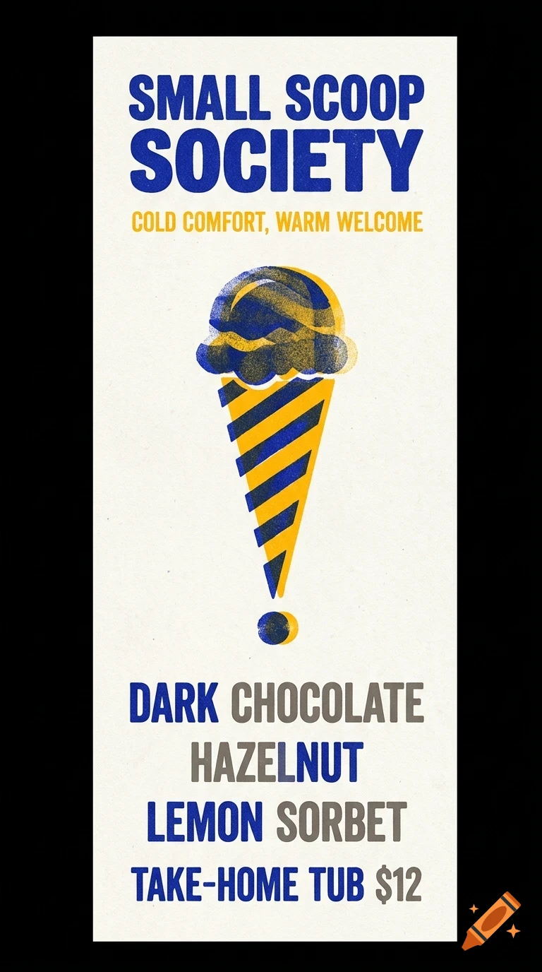 An ice cream cone graphic on a poster for Small Scoop Society, featuring text listing flavors like dark chocolate, hazelnut, and lemon sorbet.