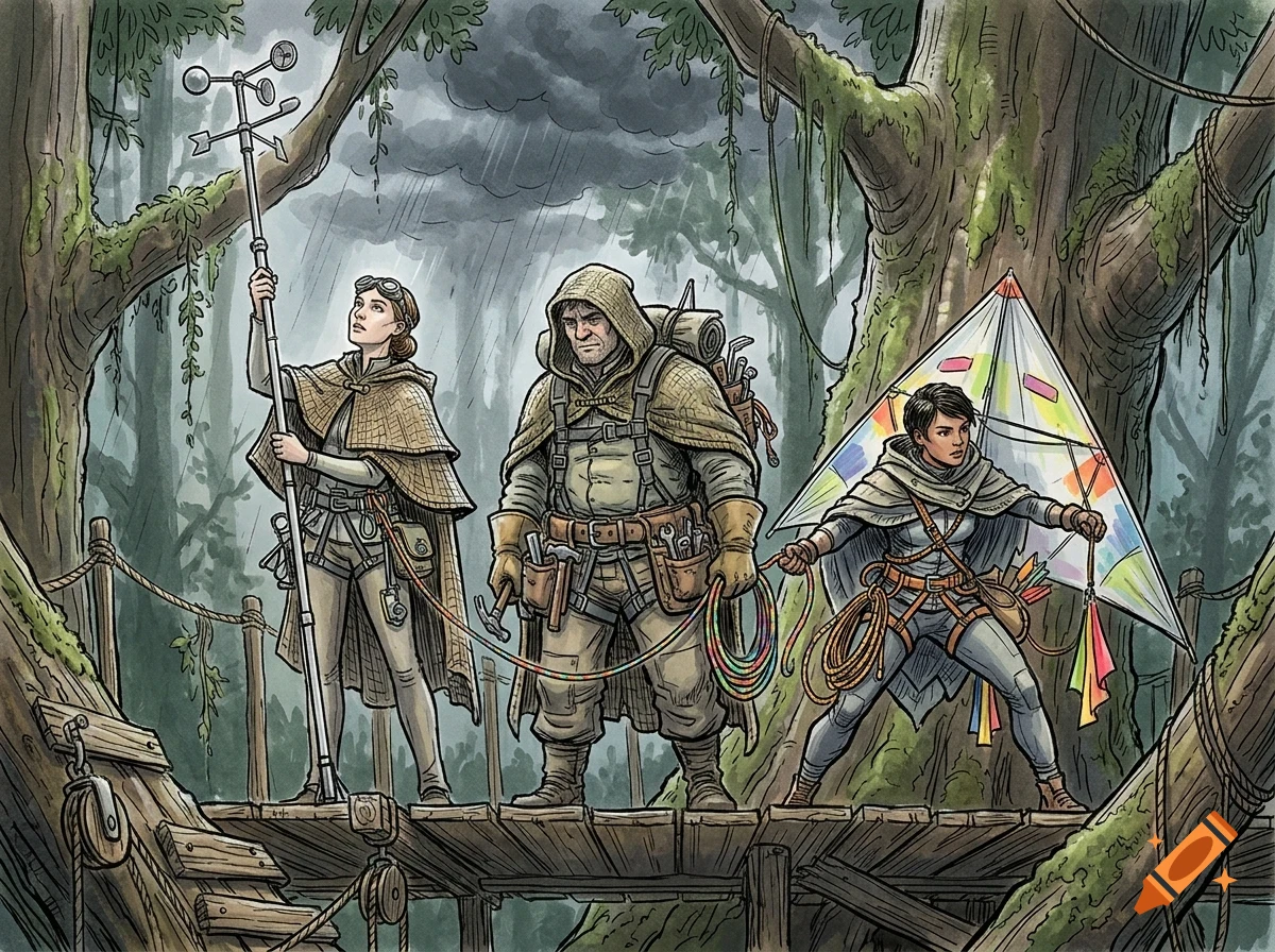Three explorers in hooded cloaks and harnesses stand on a wooden bridge in a forest, holding scientific equipment, a tool belt, and a colorful kite under a stormy sky.