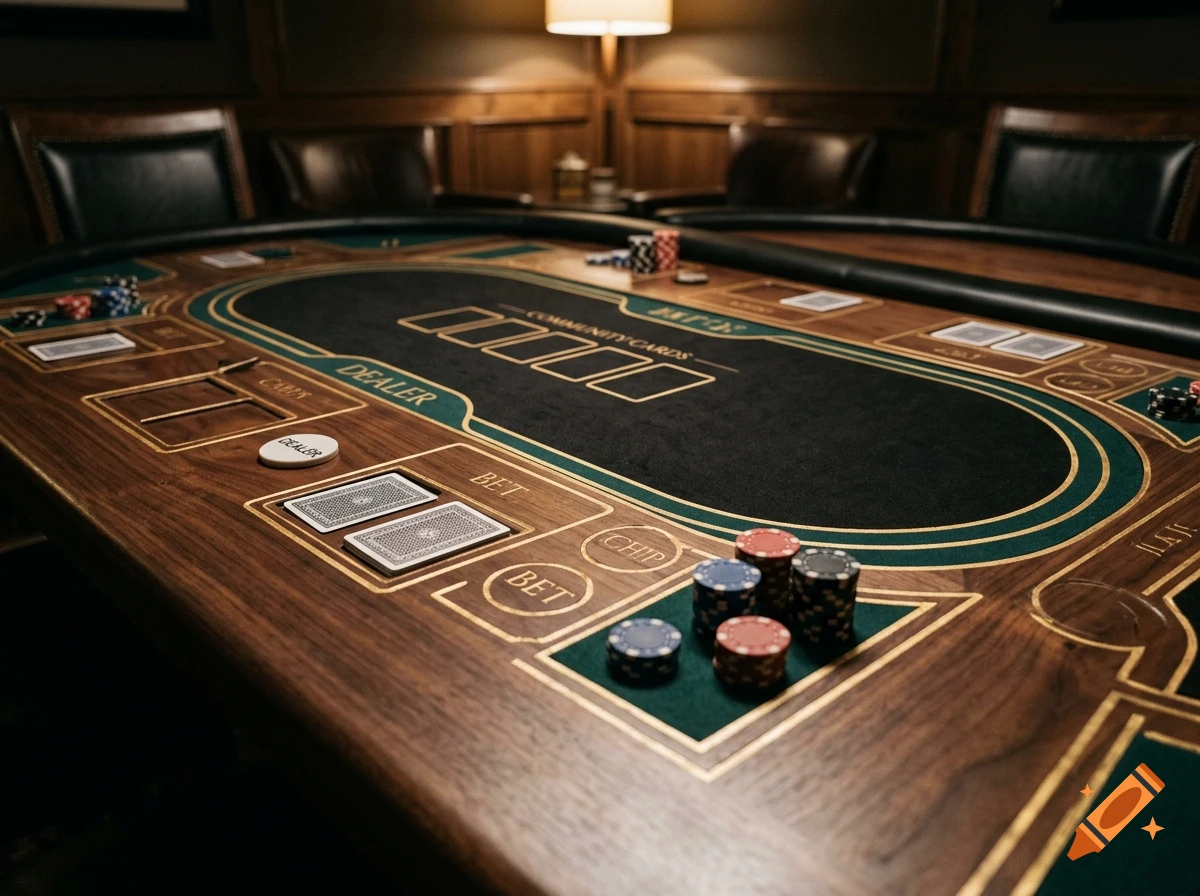 Photorealistic poker table in a dimly lit room with custom wood finish, green felt layout, and poker chips.