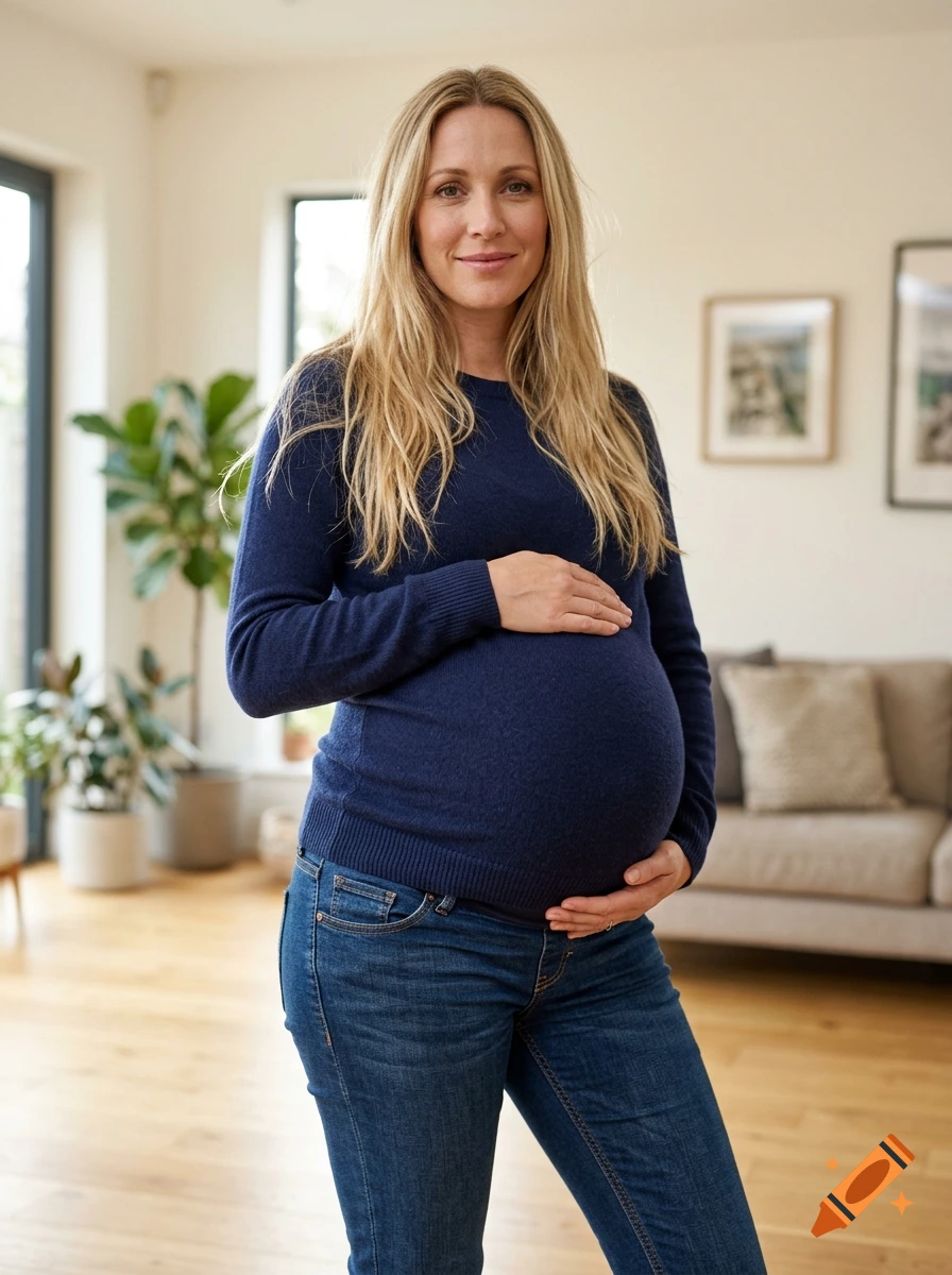 Photorealistic portrait of a pregnant blonde woman with a large belly, wearing a navy blue sweater and jeans in a living room.