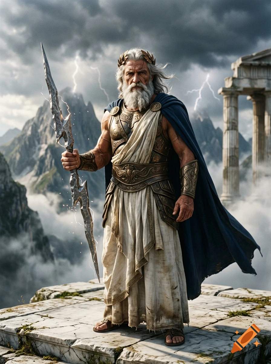 Photorealistic depiction of Zeus standing on a mountain peak, holding a glowing lightning bolt with dramatic stormy skies and classical ruins in the background.