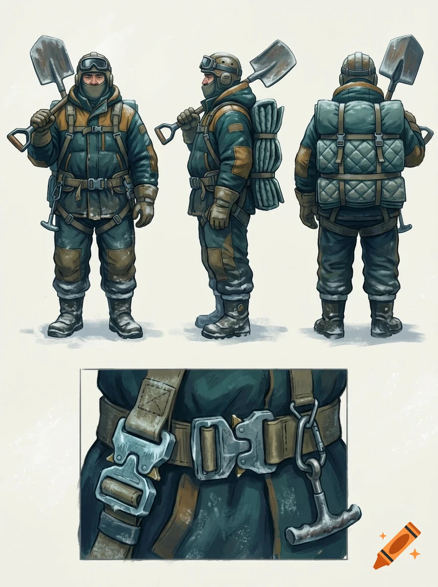 Character design sheet showing a bundled-up polar explorer holding a shovel, viewed from front, side, and back, with a close-up of the belt buckle.