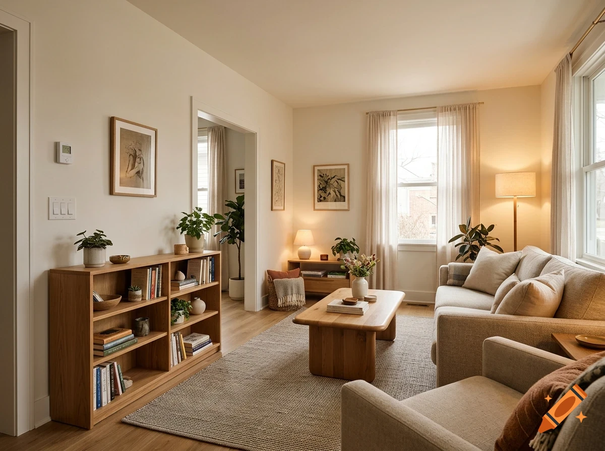 A warm, brightly lit living room with a beige sofa, wooden bookshelf, coffee table, and indoor plants.