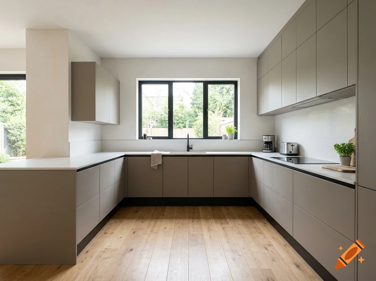 Modern U-shaped kitchen with taupe cabinets, wooden flooring, and a large window overlooking greenery.