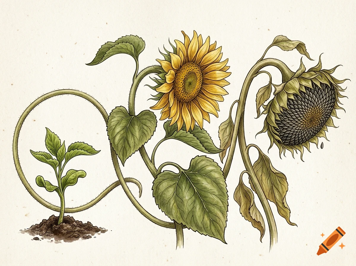 An illustrative depiction of a sunflower's lifecycle, showing a young sprout, a blooming yellow flower, and a wilting, seed-bearing head.