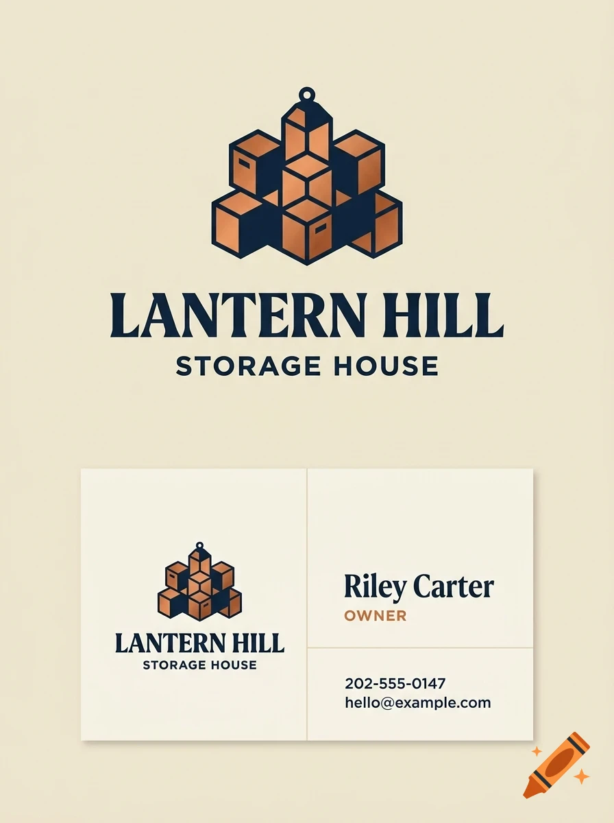 A business card and logo design for Lantern Hill Storage House featuring an icon of stacked boxes resembling a hill with a lantern on top.