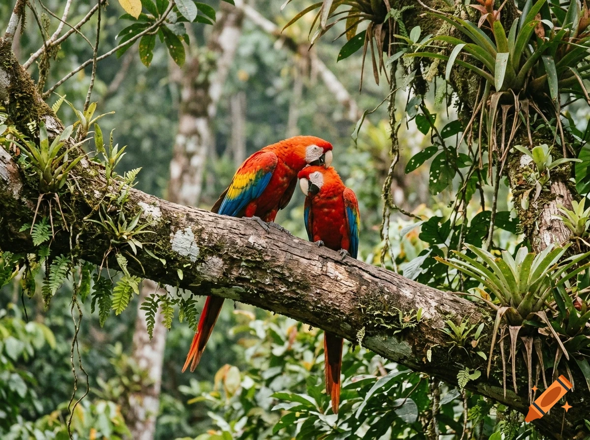 Two red macaws perched together on a mossy branch in a lush tropical forest.