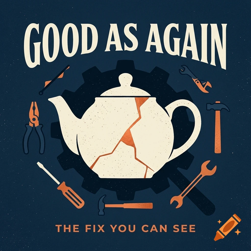 A poster featuring a cracked ceramic teapot in the center, surrounded by tools and a gear silhouette, with text reading GOOD AS AGAIN above and THE FIX YOU CAN SEE below.
