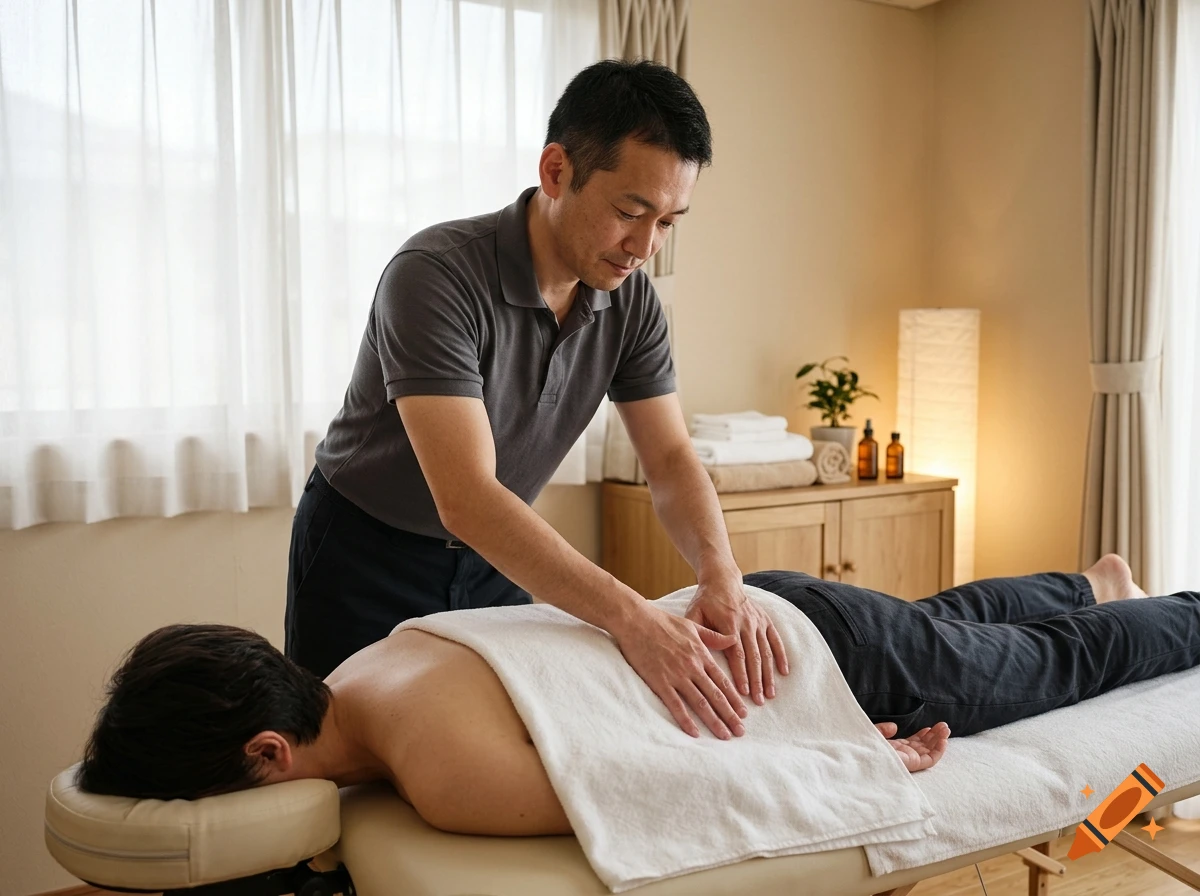 A man giving a back massage to another person on a massage table in a spa room.