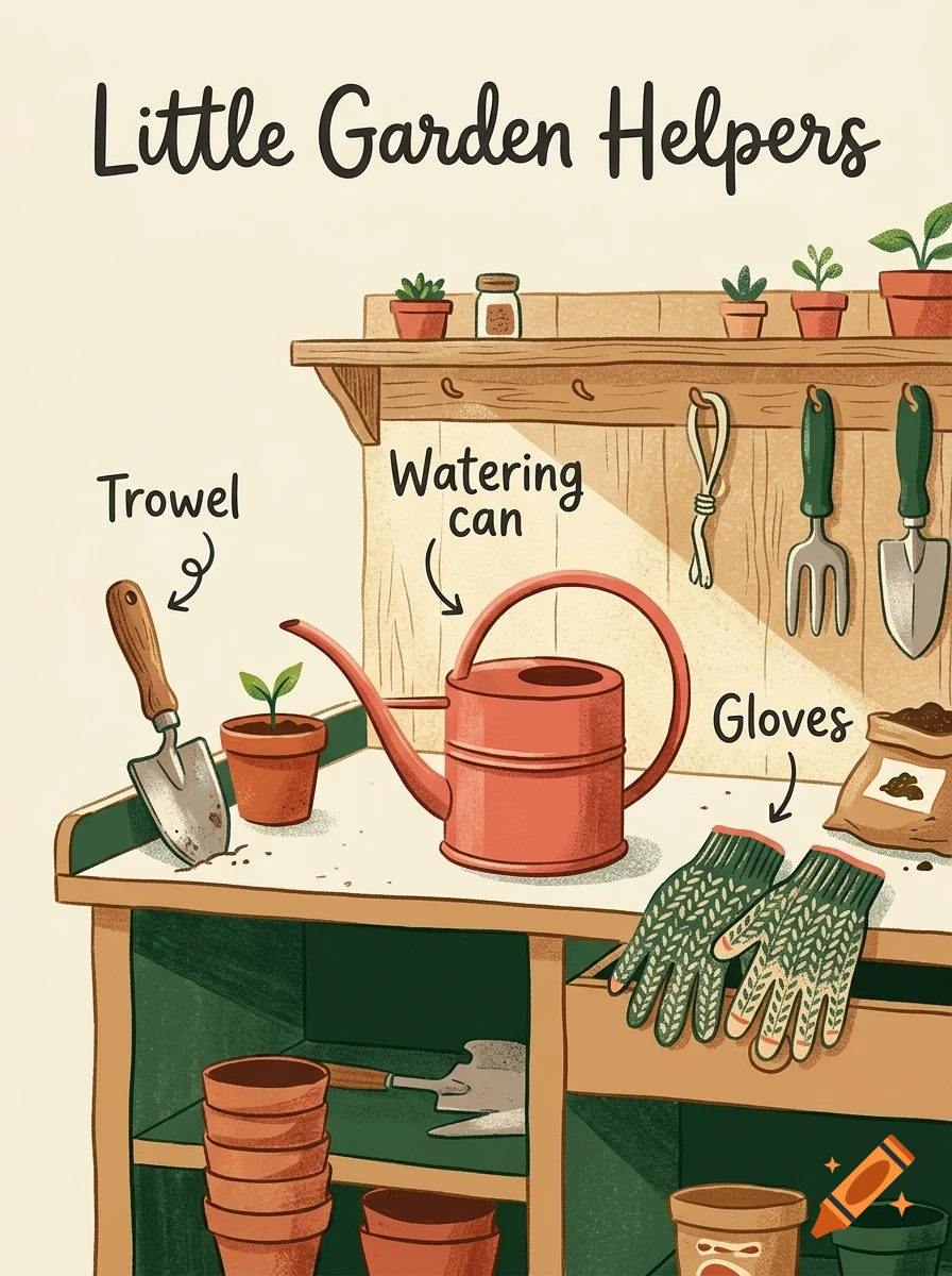 An illustrated potting bench with gardening tools like a trowel, watering can, and gloves, labeled with text.