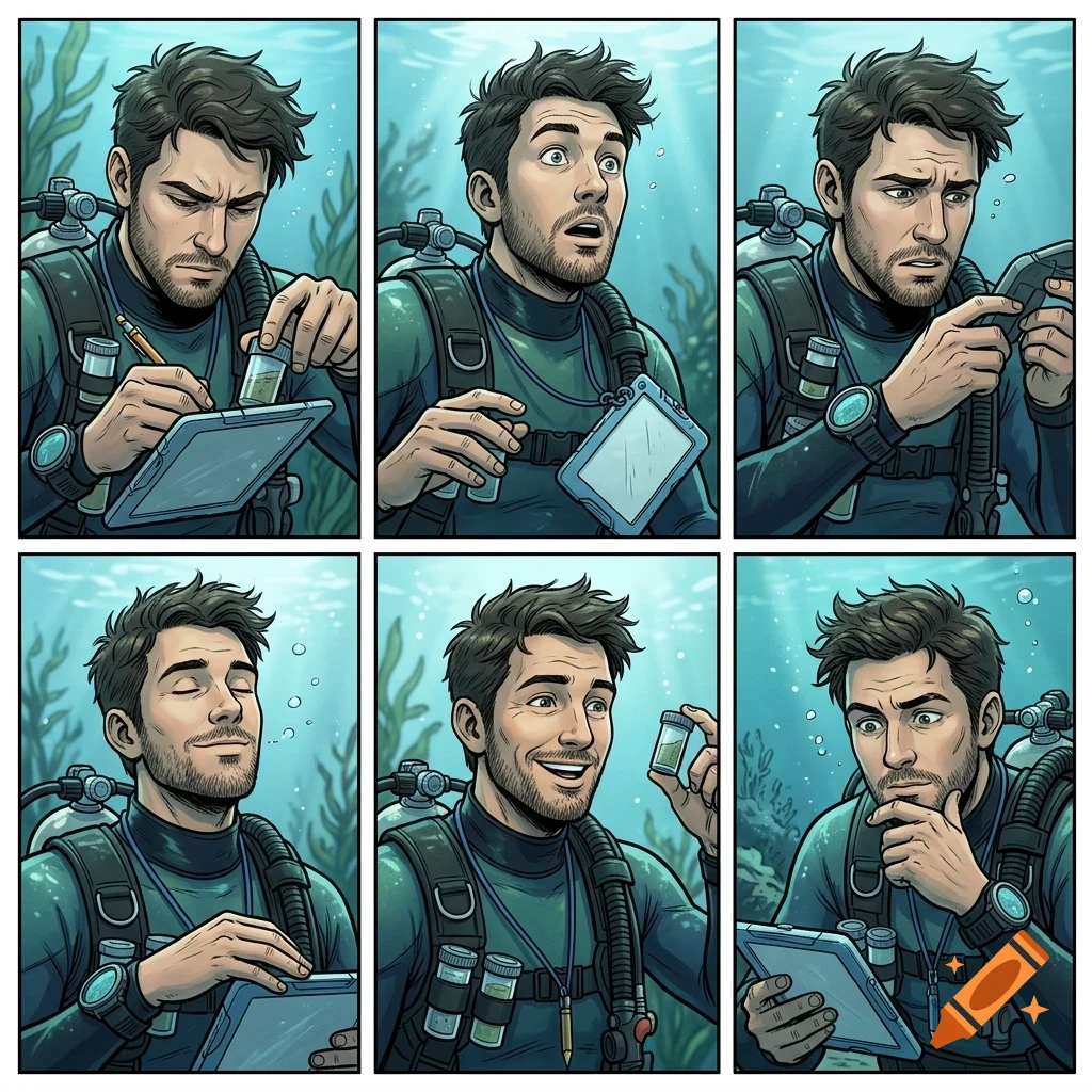 A six-panel comic showing a male scuba diver underwater, writing notes, looking surprised, examining a sample vial, smiling, and thinking.