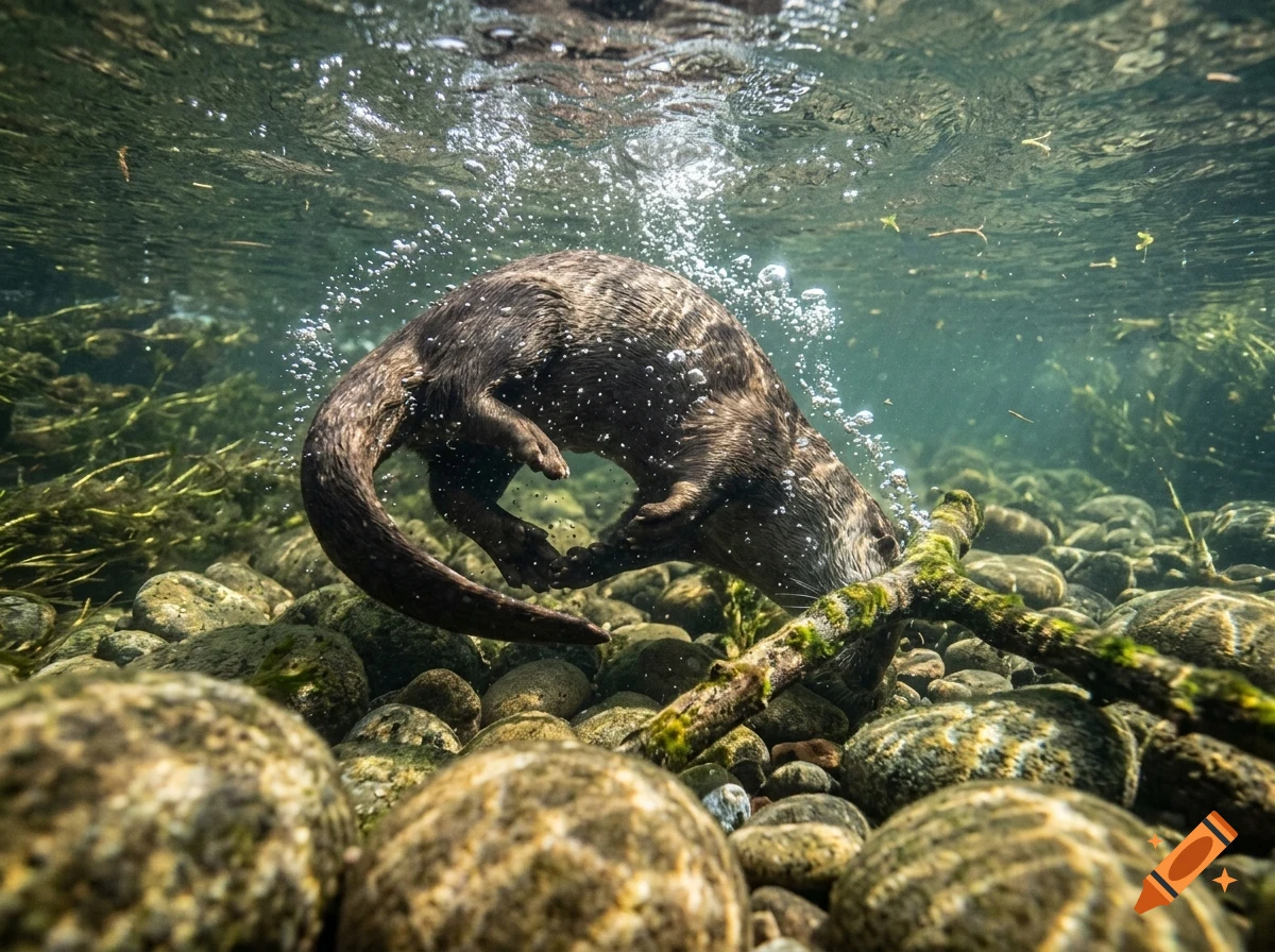 An otter swimming underwater among rocks and submerged branches, surrounded by air bubbles.