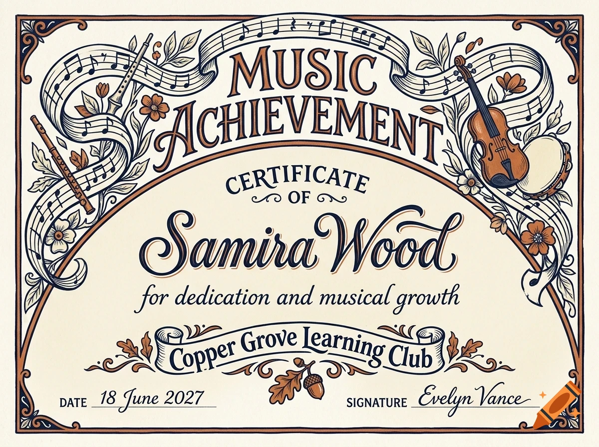 An ornate illustrated certificate of music achievement with musical instruments, floral decorations, and vintage lettering.