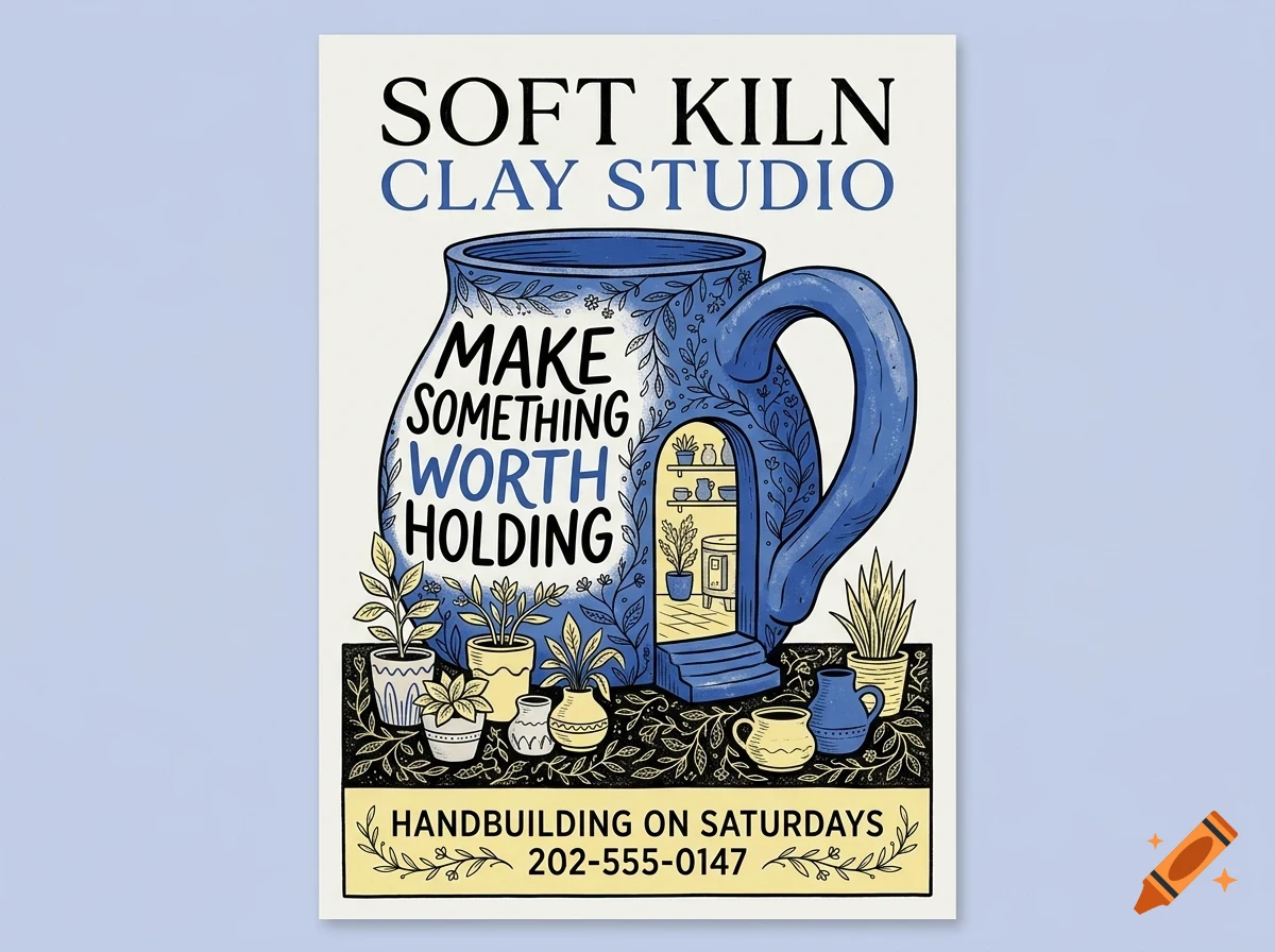 A poster illustration for Soft Kiln Clay Studio featuring a large blue mug with plants, lettering, and a miniature studio interior scene.