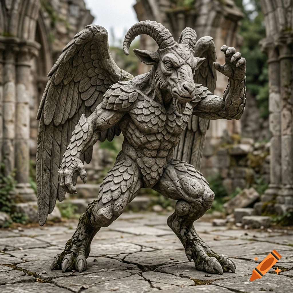 Realistic stone gargoyle with goat head and wings crouching in ruined courtyard.