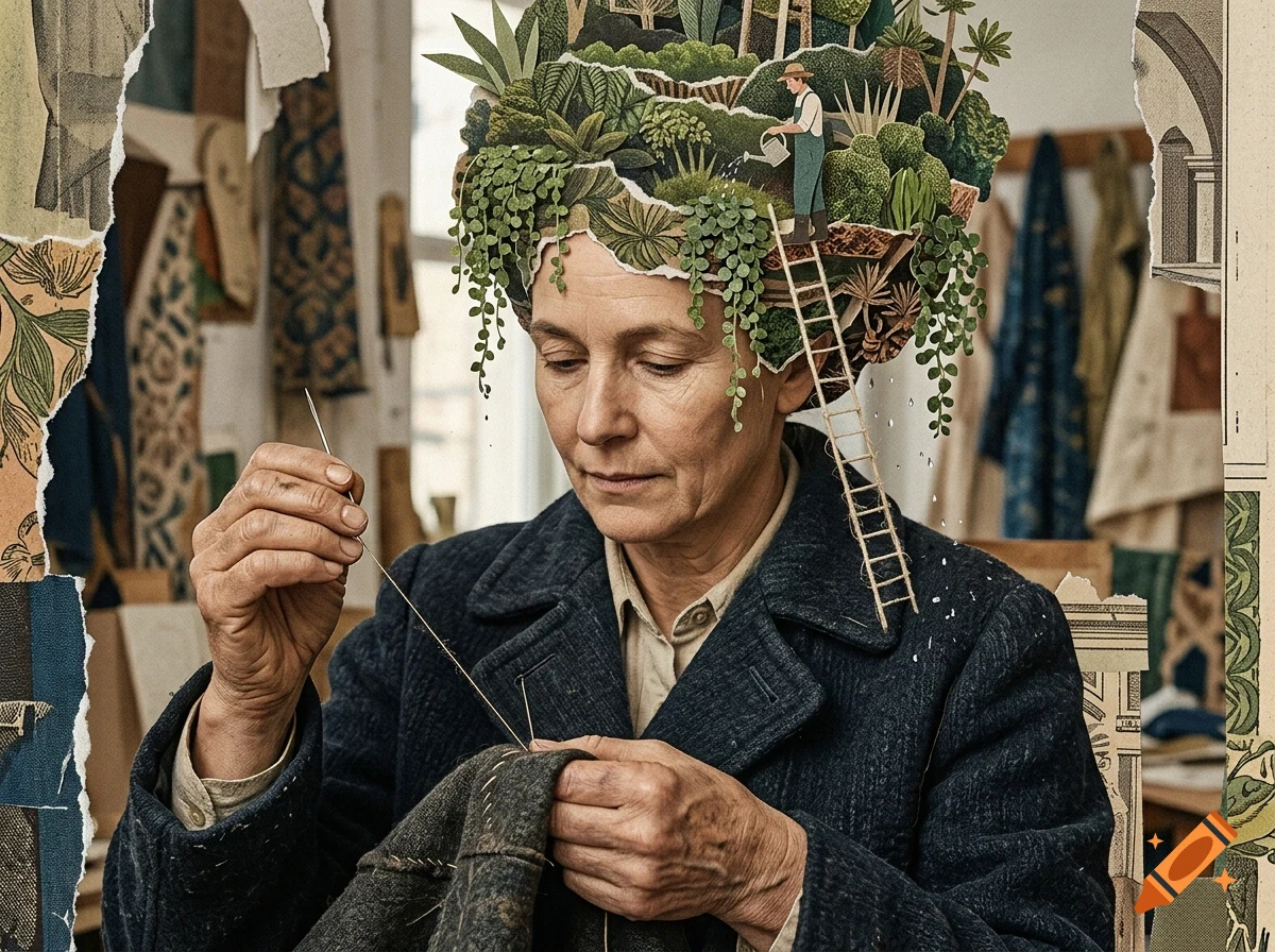 A woman sewing fabric, with a layered collage of a garden landscape and a miniature gardener on her head, surrounded by torn paper edges.