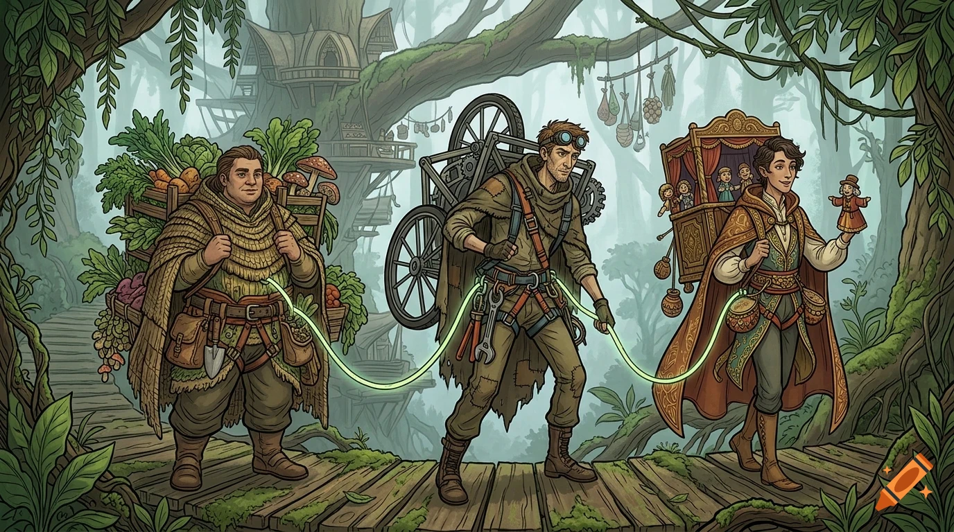 Three fantasy characters walk across a wooden bridge in a forest, carrying goods like vegetables, a disassembled cart, and a puppet theater, connected by glowing green cables.