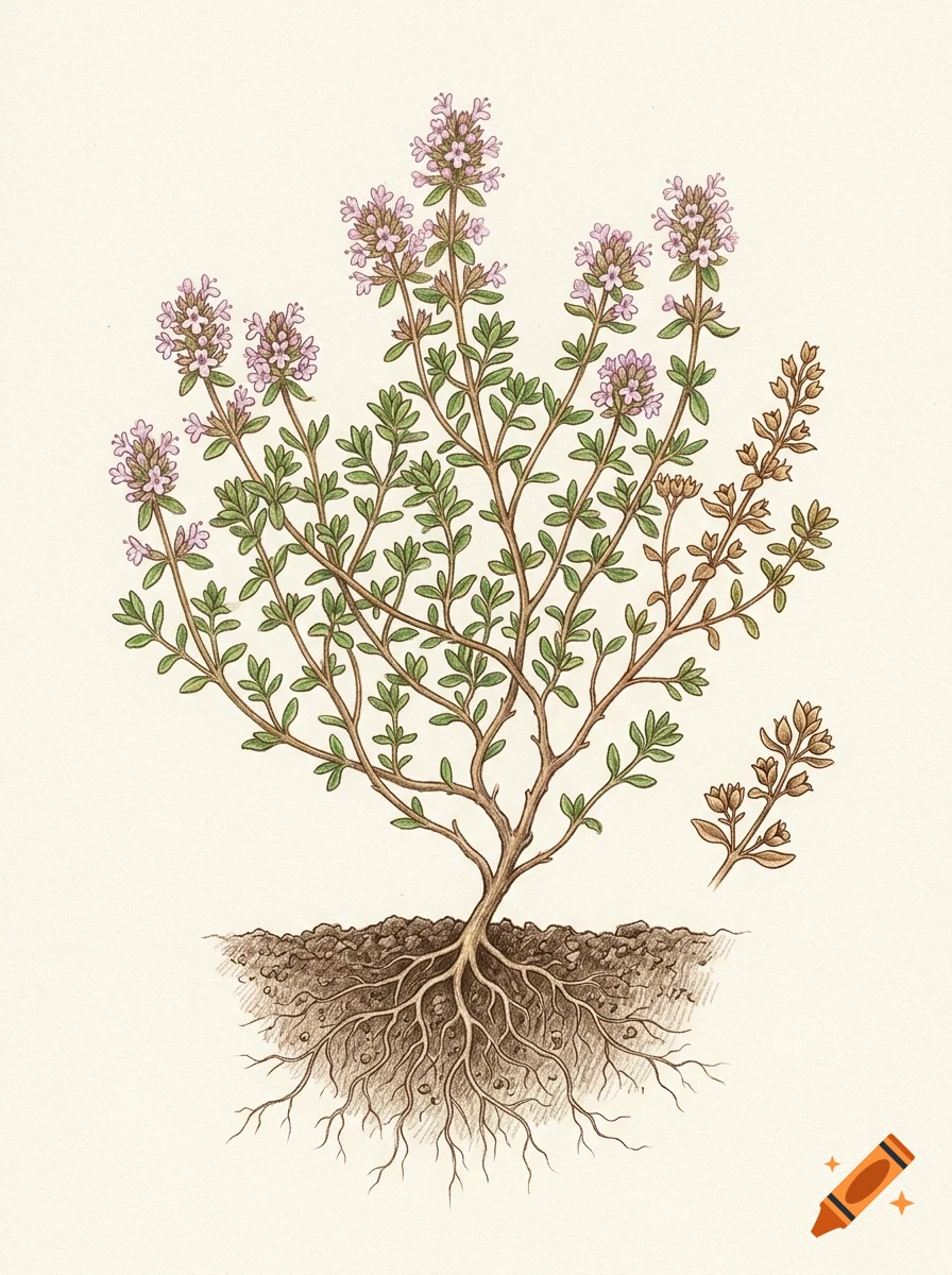 Botanical illustration of a thyme plant showing its roots, stems, small green leaves, and tiny pink flowers.