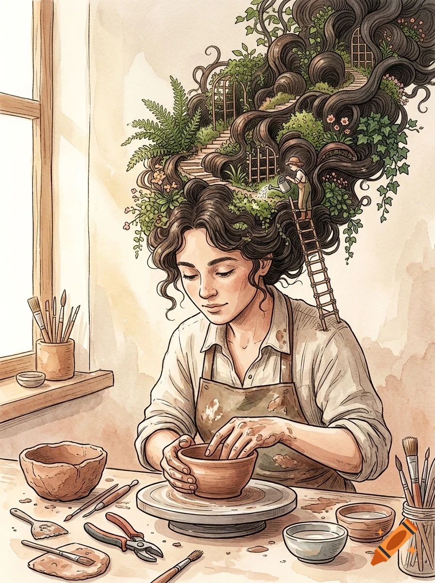 A watercolor illustration of a woman in an apron shaping a clay pot on a pottery wheel, with a miniature garden and stairs winding through her elaborate, flowing hair.