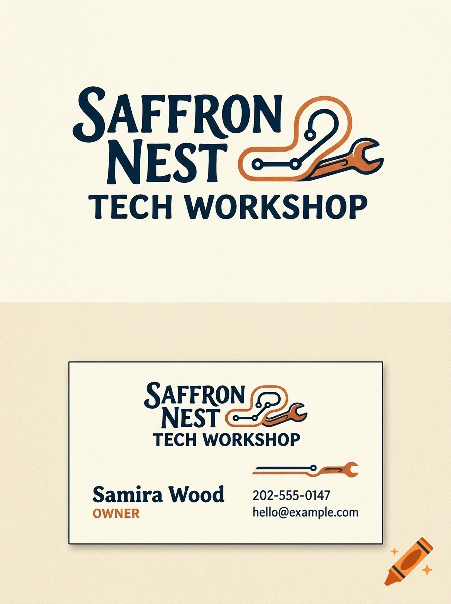 A business card and logo design for Saffron Nest Tech Workshop with a wrench and circuit board motif.