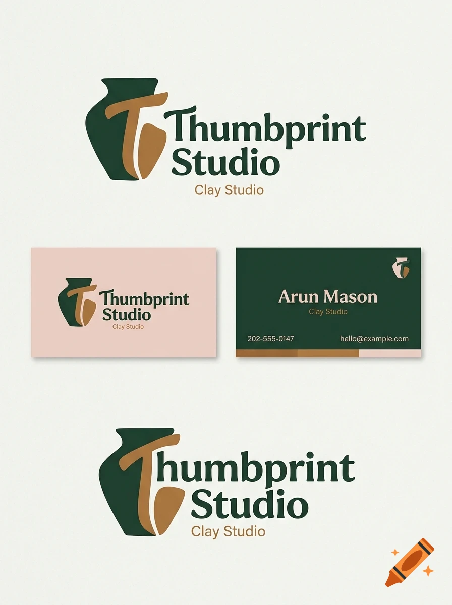 A branding design mock-up featuring the logo, name, and contact details of Thumbprint Studio for clay art.