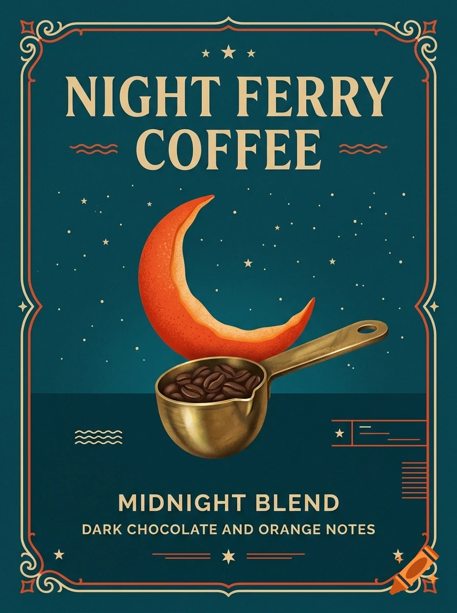 A poster for Night Ferry Coffee featuring a crescent orange peel above a scoop of coffee beans against a starry night sky background.