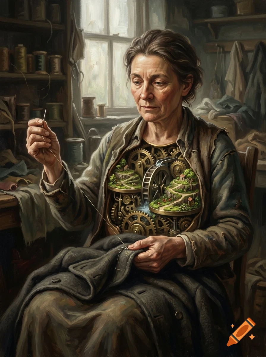 An elderly woman sits indoors sewing a garment, with intricate brass gears and a miniature landscape visible inside her open torso.
