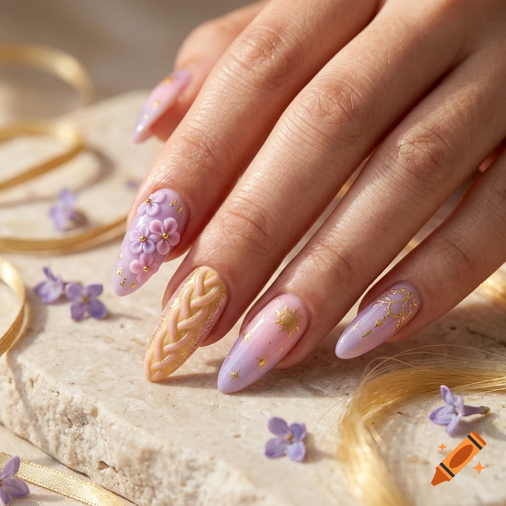 Close-up of a hand with long, almond-shaped acrylic nails featuring purple, pink, and braided gold designs, resting on a stone surface.