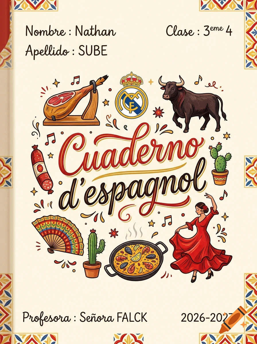 Illustrated Spanish notebook cover featuring traditional Spanish symbols, food, dancing, and handwritten text.