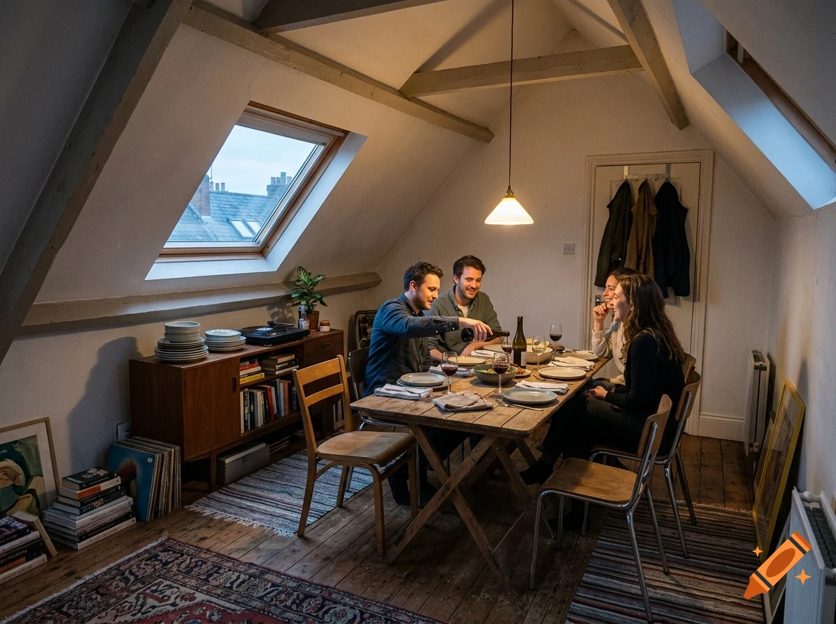 Four friends gathered around a wooden dining table in a cozy attic apartment, enjoying a meal and pouring wine.