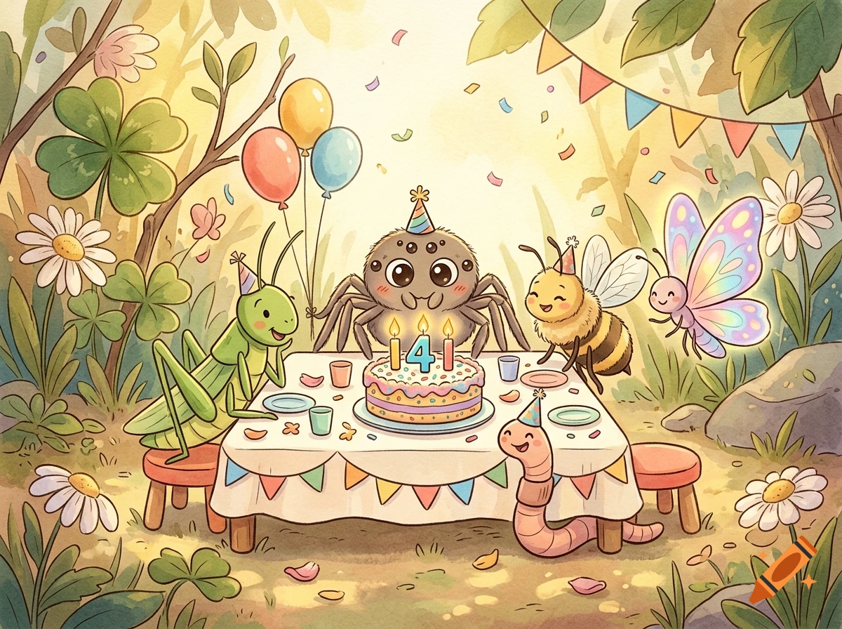Watercolor children's book illustration of a cute spider celebrating its 4th birthday with insect friends at a forest table.