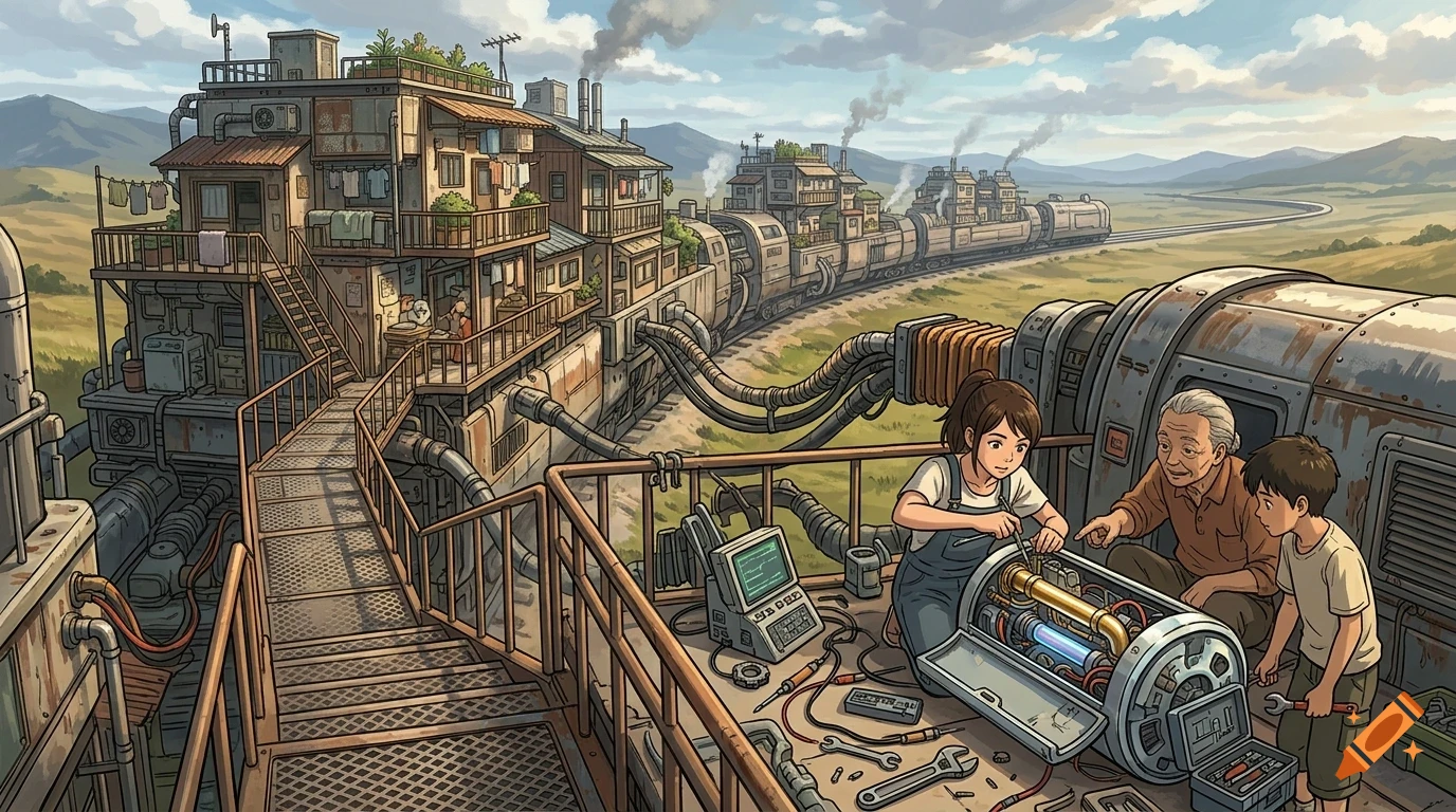 An illustrated view of three people working on machinery on a platform attached to a massive steampunk train moving through a vast landscape.
