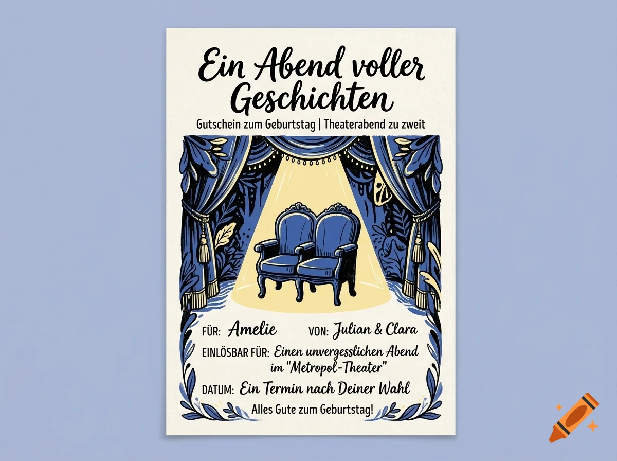 An illustrated gift voucher with blue theater curtains, two armchairs under a spotlight, and German text including Ein Abend voller Geschichten.